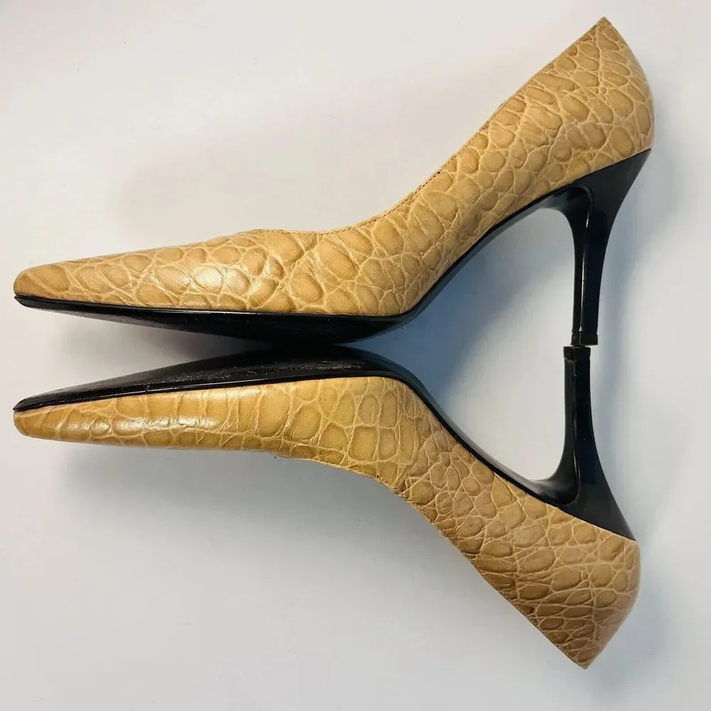 GIANNI BINI Tan Camel Yellow Crocodile Croc Alligator Leather Kitten Heels 6.5 M